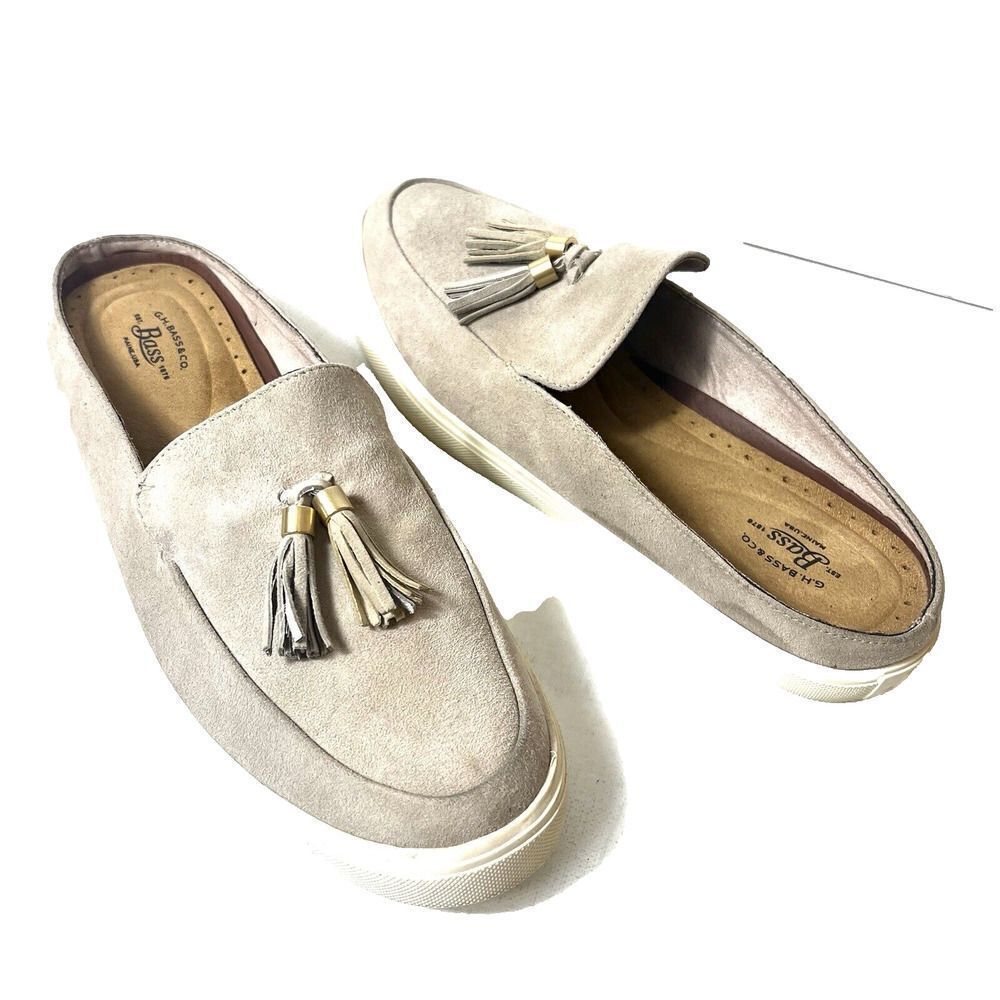 G.H.Bass & Co Slip-On Mules Womens Size 9.5M Beige Suede Tasseled Comfort Casual